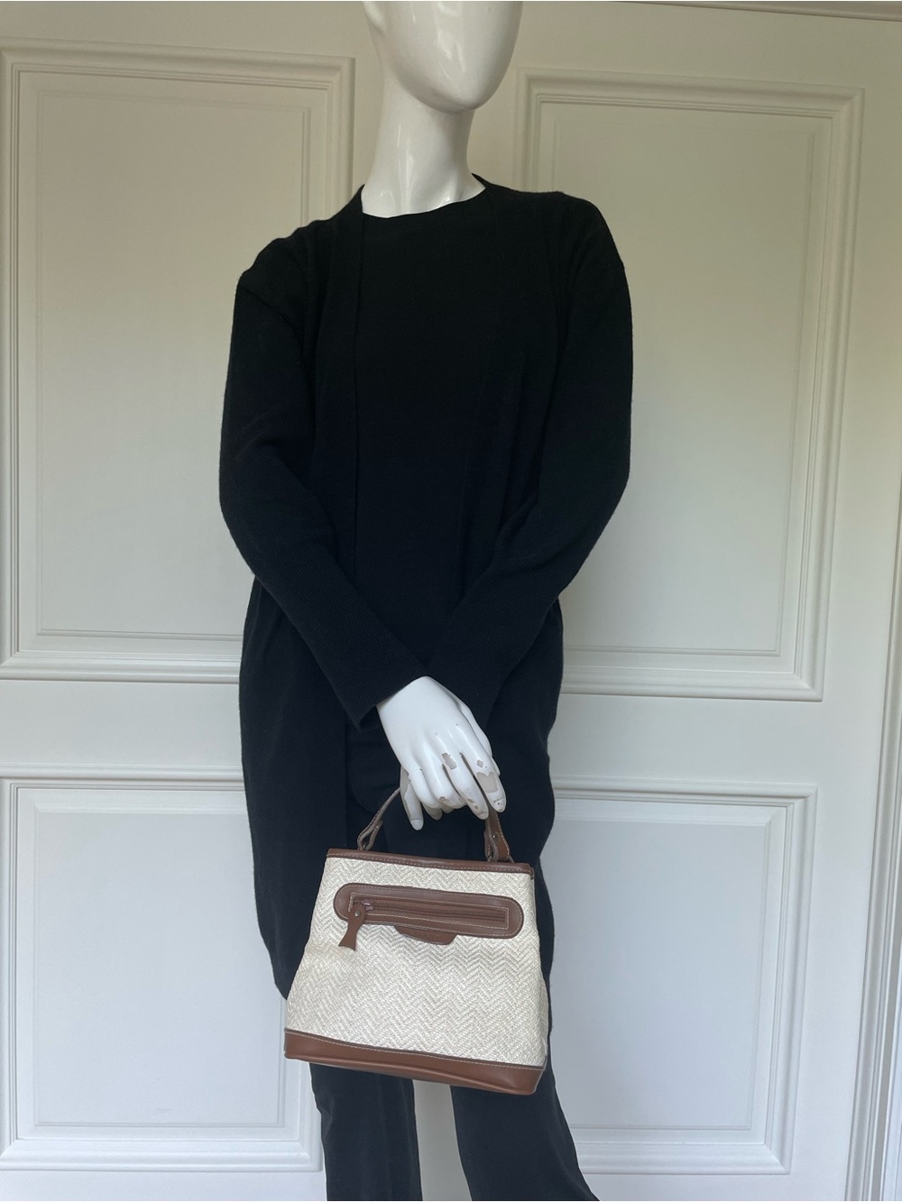 Esprit Cream Woven Satchel with Brown Trim